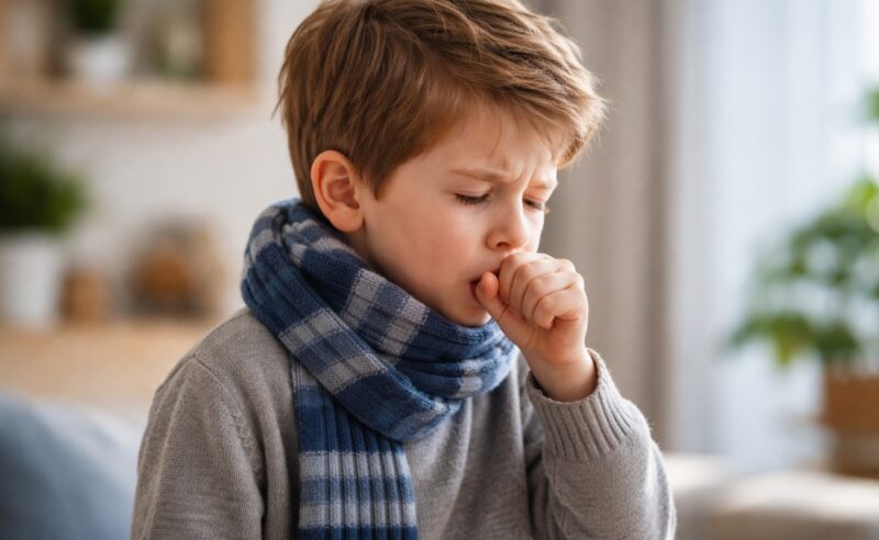 Malo dete kašlje i drži ruku ispred usta dok stoji u osvetljenoj prostoriji