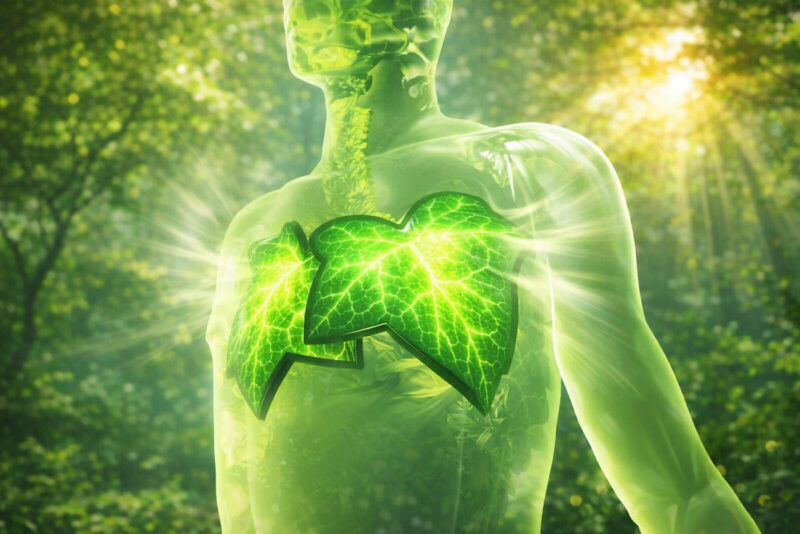 Ilustracija ljudskog tela sa istaknutim zelenim plućima koja simbolizuju zdrav respiratorni sistem