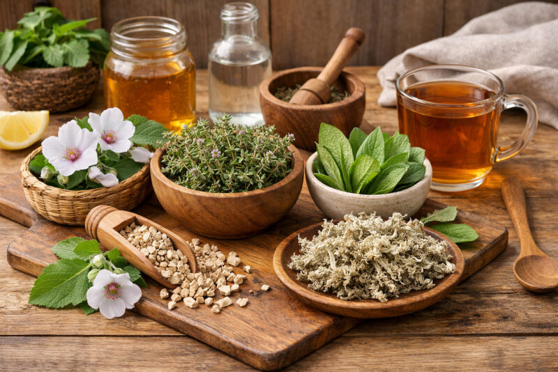 Beli slez, timijan, bokvica i islandski lišaj pripremljeni na kuhinjskom pultu za pravljenje prirodnog napitka protiv kašlja kod dece