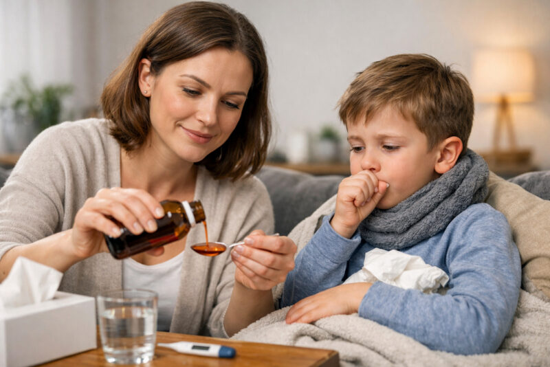 Majka pažljivo dozira sirup protiv kašlja kašikom dok dete umotano u ćebe sedi pored nje i kašlje