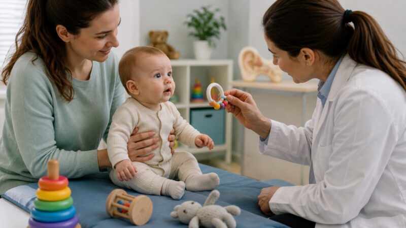 Pedijatar prati reakciju bebe na zvučnu igračku uz prisustvo majke